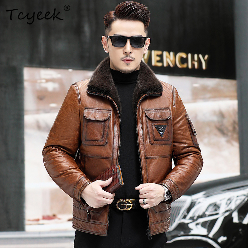 Winter Clothing Layers - Jaqueta Masculina Tcyeek de Couro Genuíno