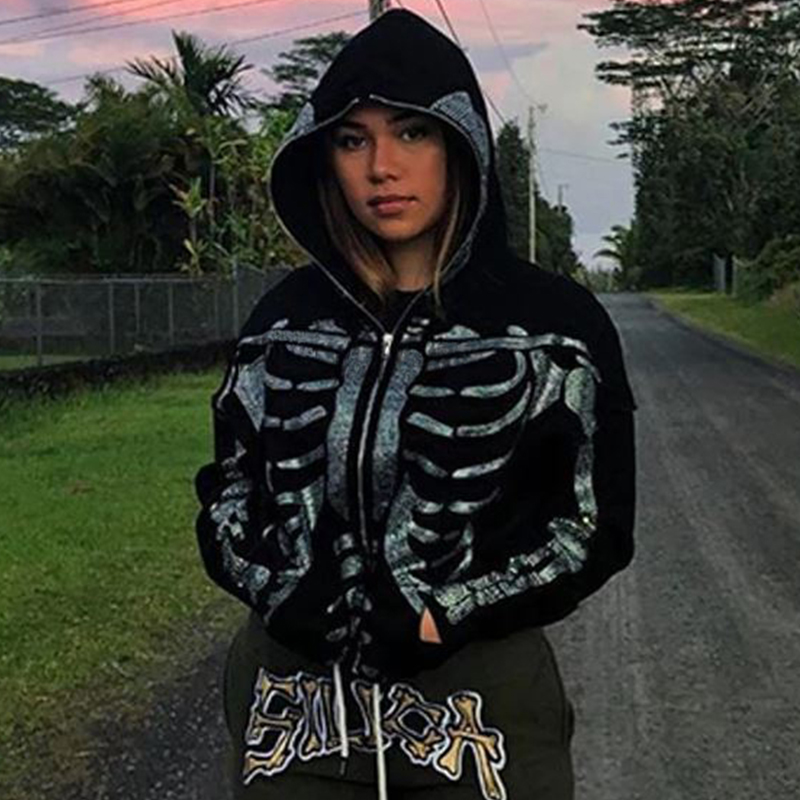 Winter Clothing Website - Zip completa hoodie brilho strass esqueleto